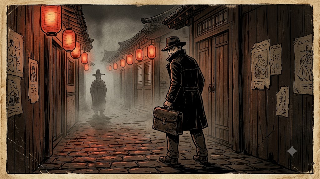 1926년 경성의 밤 — 가방을 든 전달책과 골목 끝의 그림자